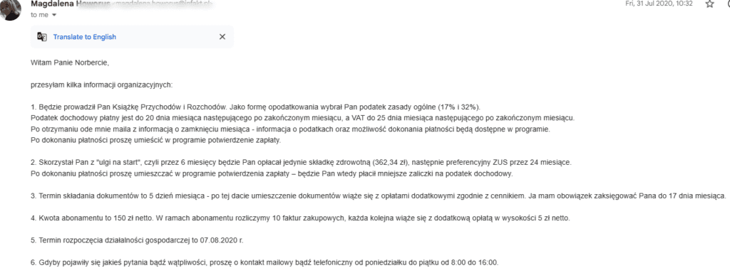 infakt informacje organizacyjne