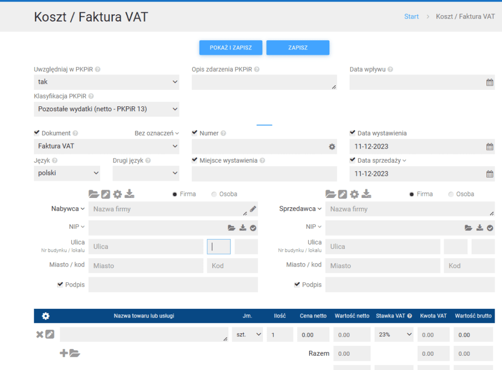 fakturowo dodawanie kosztów