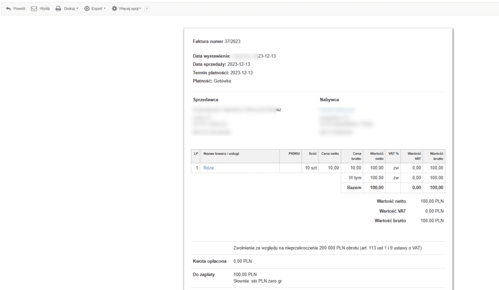 drukowanie faktury ryczałt