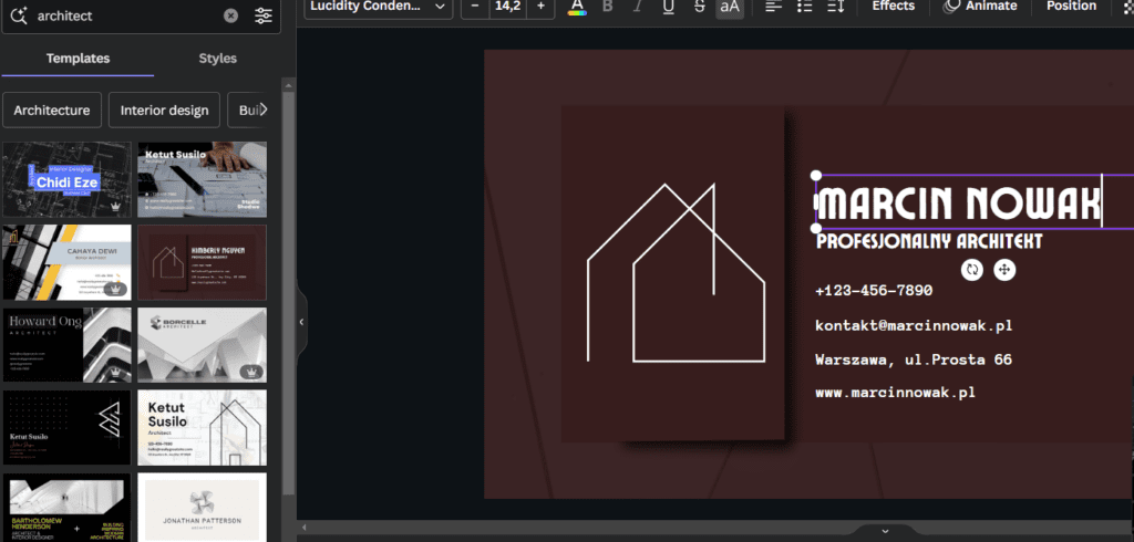 canva tworzenie wizytowki