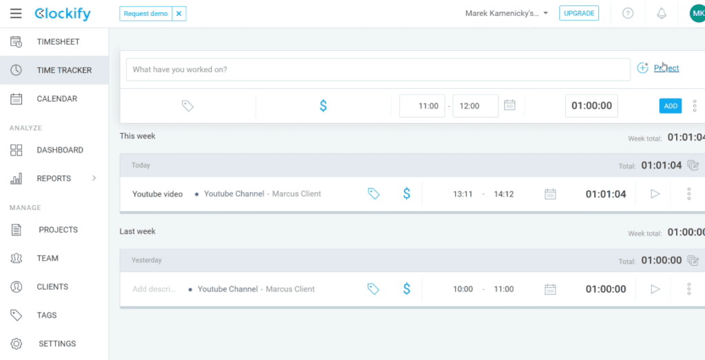 Clockify panel główny