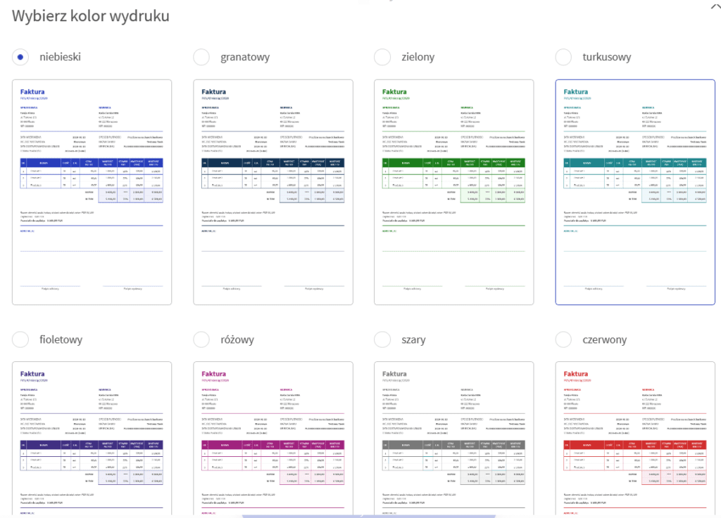 szybka faktura kolory wydruku