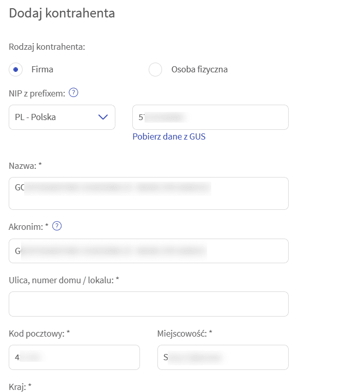 szybka faktura dodawanie kontrahenta