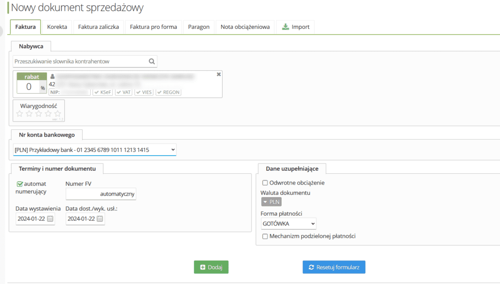 bizin wystawianie faktury