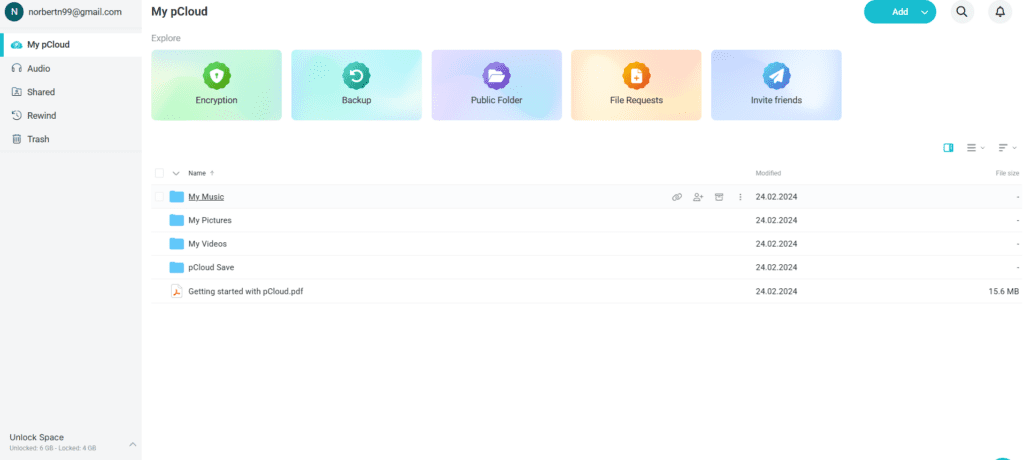 pcloud panel w przeglądarce